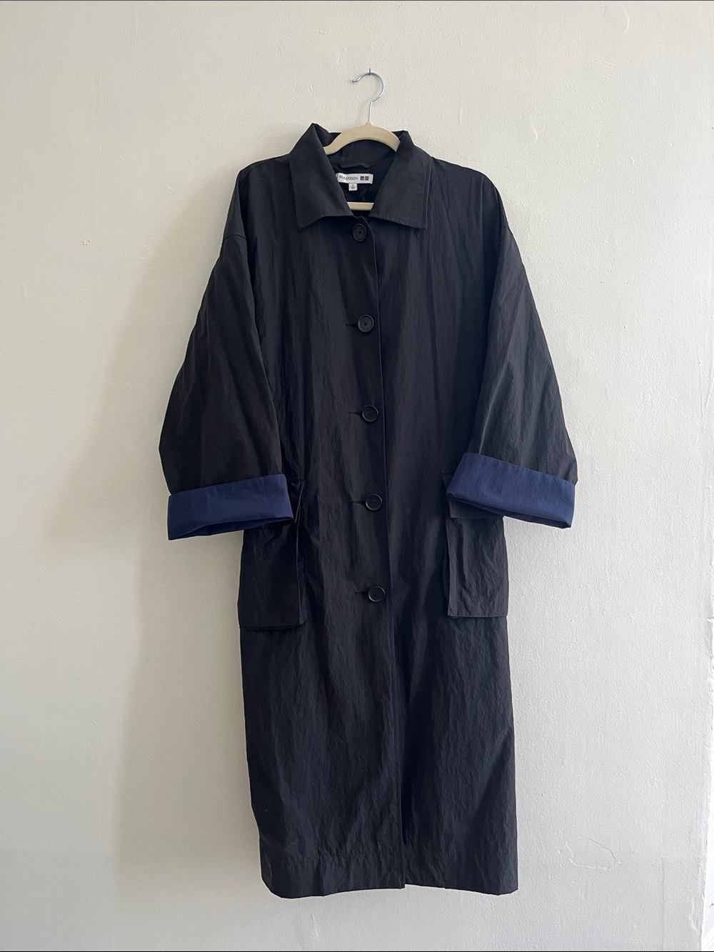 JW ANDERSON for Uniqlo, Black Nylon Trench Coat with Navy Cuff Trim